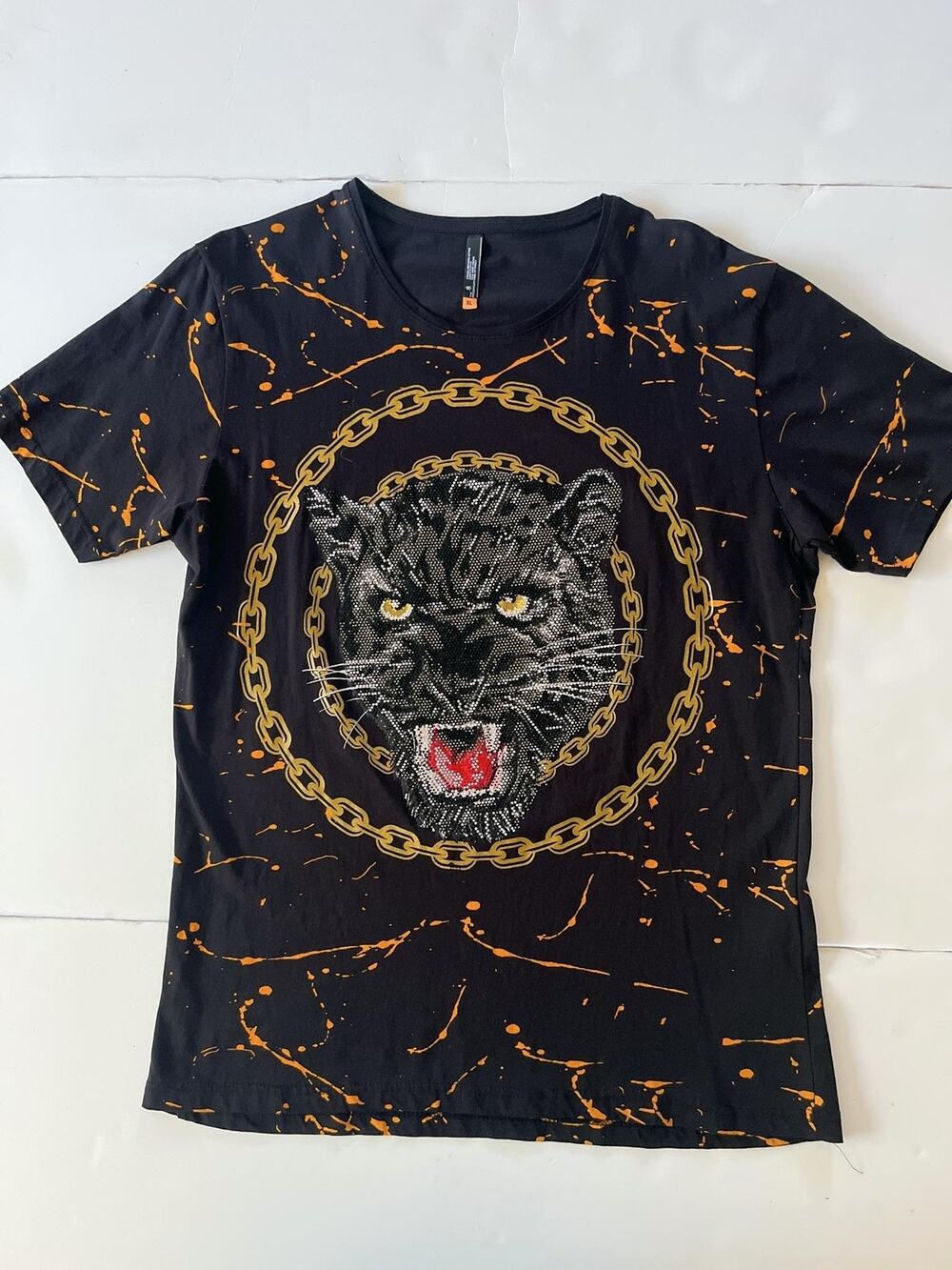 TR Premium Shirt Mens XL Black Rhinestone Panther Chain Splatter Graphic Tee